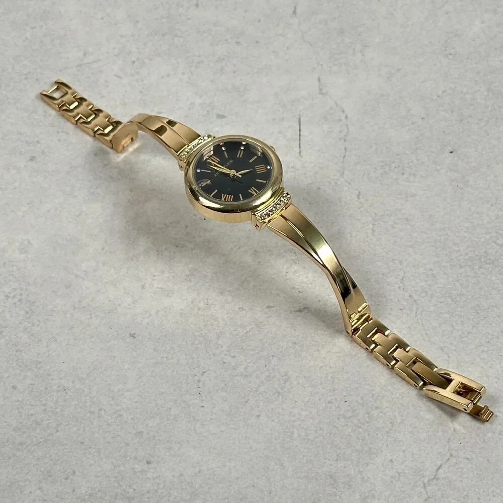 Anne Klein Watch Womens 16mm Round Black Dial Crystal Lugs Elegant New Battery
